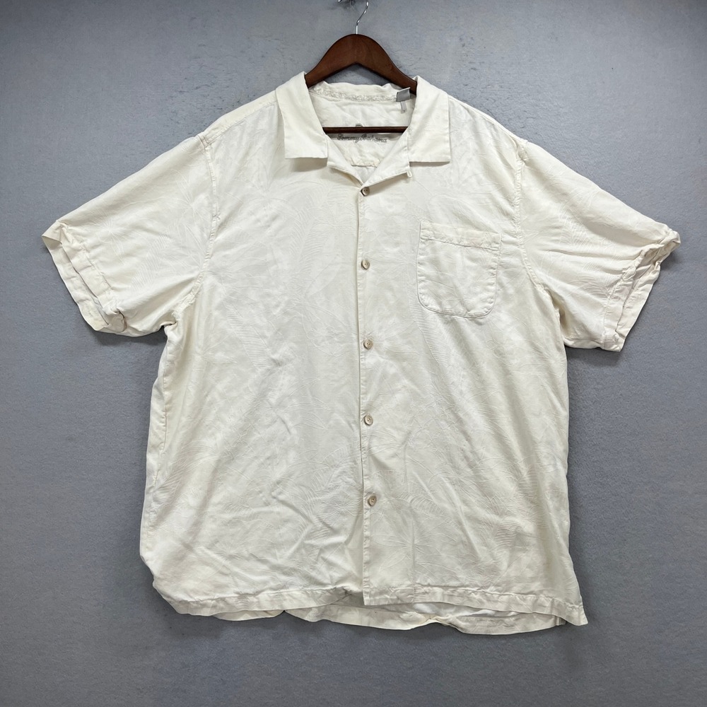 Tommy Bahama Shirt Men XXL Cream Silk Tropical Jacquard Camp Collar Aloha Resort
